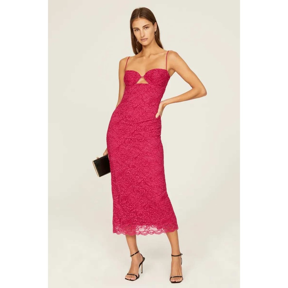 Bardot Ivanna Pink Lace Midi Dress Cut Out Open Back Cocktail Party Sz 12 US